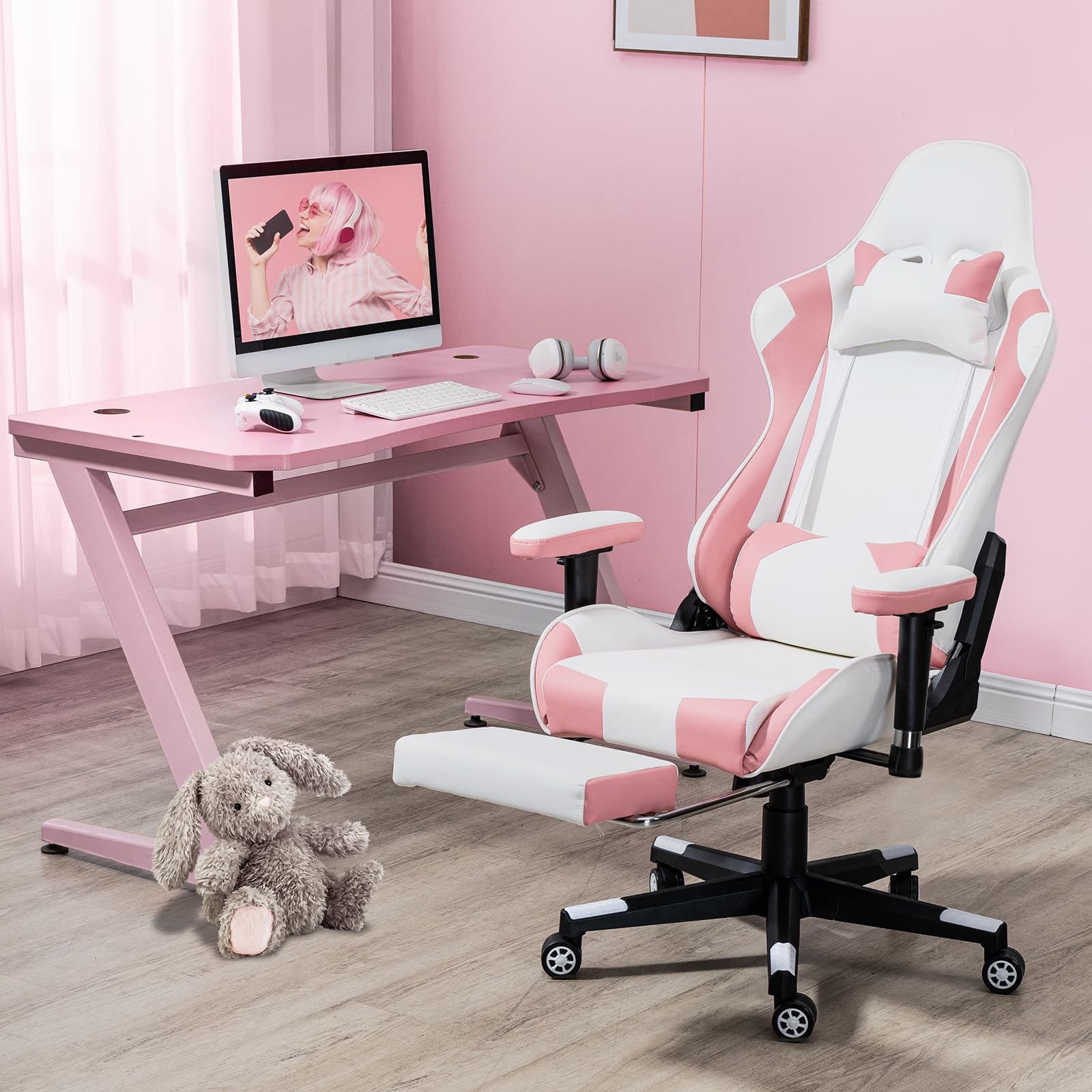 ECOTOUGE Ergonomic Gaming Chair with Footrest - Pink & White PC Racing Chair, Reclining Office Desk Chair with Adjustable Headrest & Lumbar Support - Perfect for Esports, Streaming & Home Office Workspace