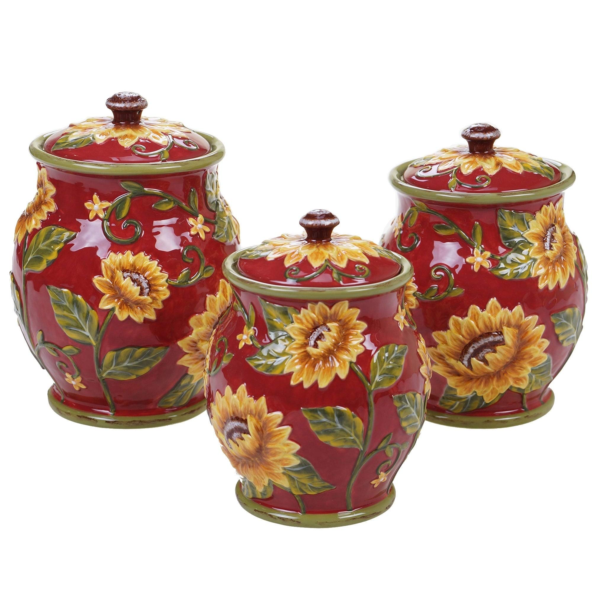 Sunset Sunflower 3-Piece Ceramic Canister Set - Green, Red & Yellow Floral Design | Perfect for Kitchen Storage, Pantry Organization & Home Decor