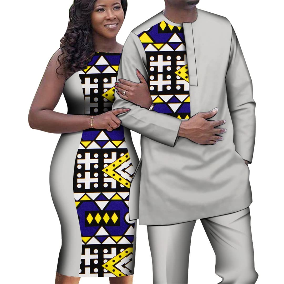African Couple Outfits - Women's Sleeveless Slim Dresses & Men's Dashiki Shirt & Pants Set - 6XL - Perfect for Weddings, Cultural Events & Matching Couple Fashion