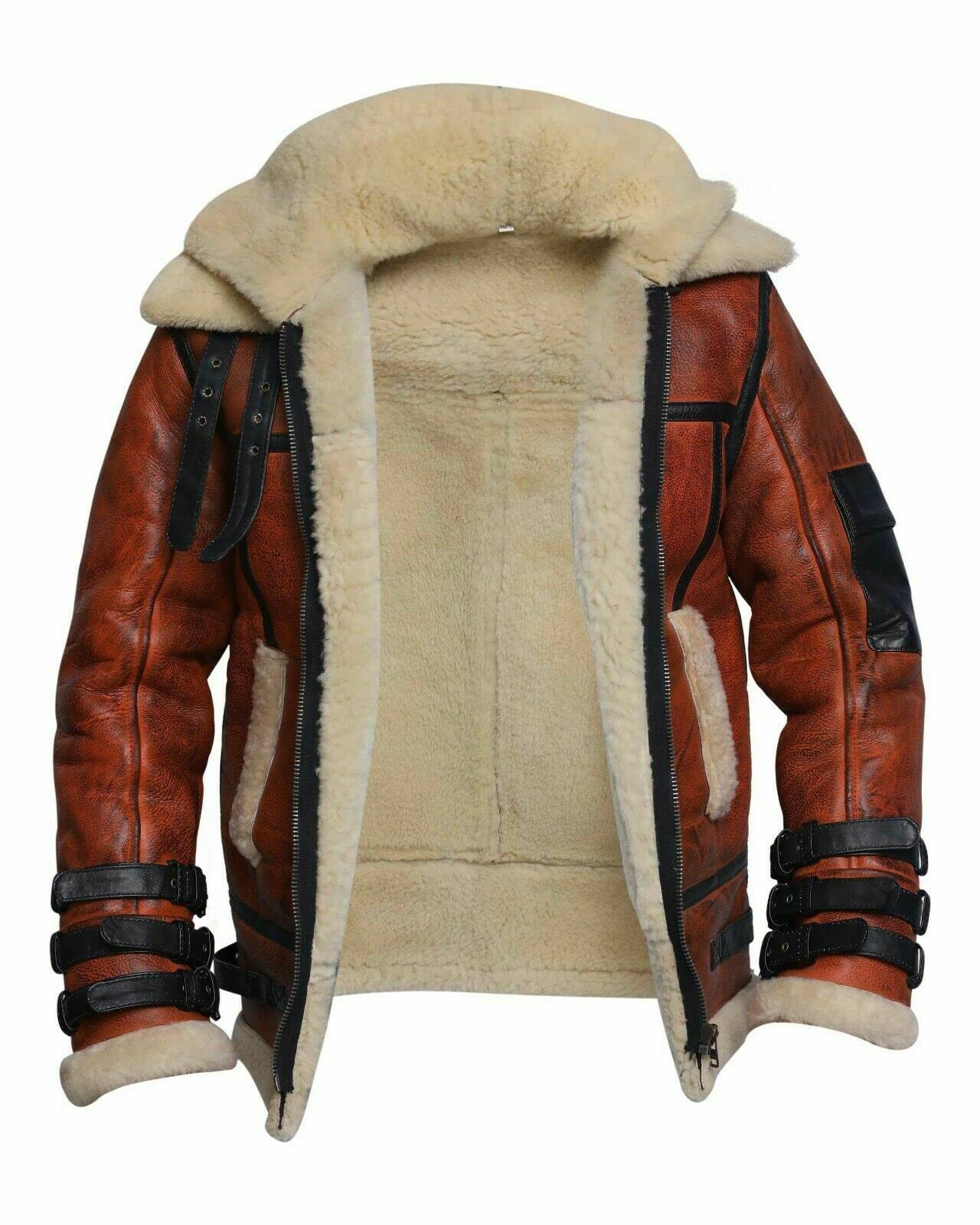 Men's RAF B3 Aviator Double Collar Shearling Sheepskin Bomber Leather Jacket (2XL) - Brown, B-12 | Vintage Pilot Style for Winter Warmth & Fashion Outfits