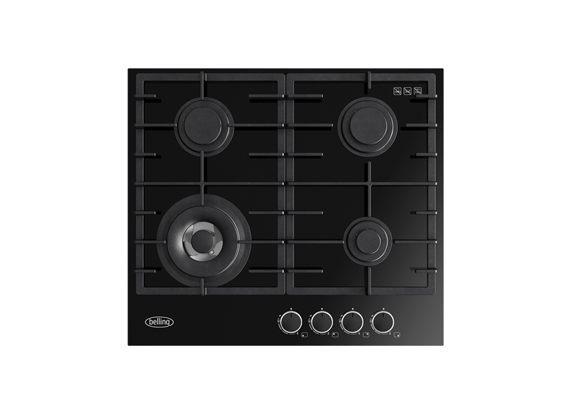 Belling BDC604BK 60cm Black Glass Gas Cooktop - 4 Burner Gas Stove with Thru Glass Design for Modern Kitchen Cooking & Baking