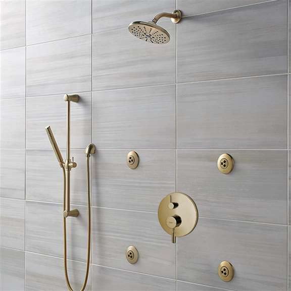 Fontana Brushed Gold Rainfall Shower System - Wall Mounted Round Showerhead with Mixer Valve, Handheld Shower & 4 Body Jets - Luxury Brass Shower Set for Modern Bathrooms | Perfect for Spa-Like Experience & Relaxing Showers