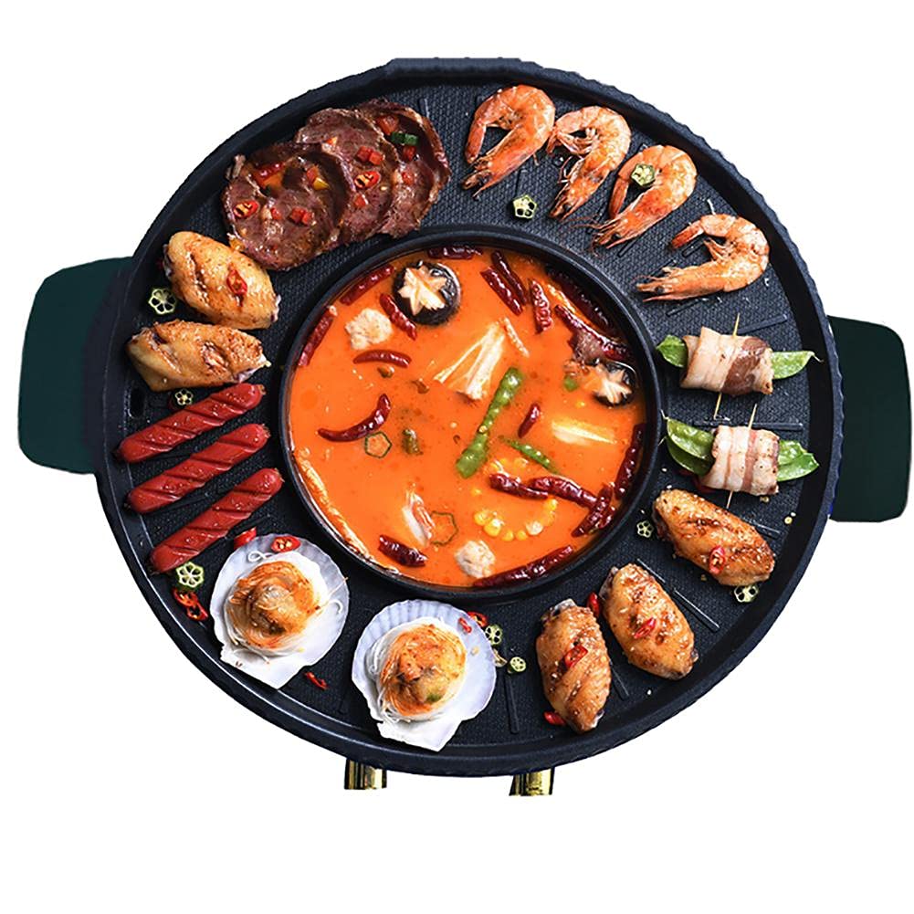Electric BBQ Grill & Hot Pot Combo - Indoor Multifunction Dual Pot Electric Grill & Hot Pot Set for Korean BBQ, Thai BBQ, Shabu Shabu - Perfect for 2-8 People (Green, Compact) - Ideal for Family Gatherings, Dinner Parties & Indoor Cooking