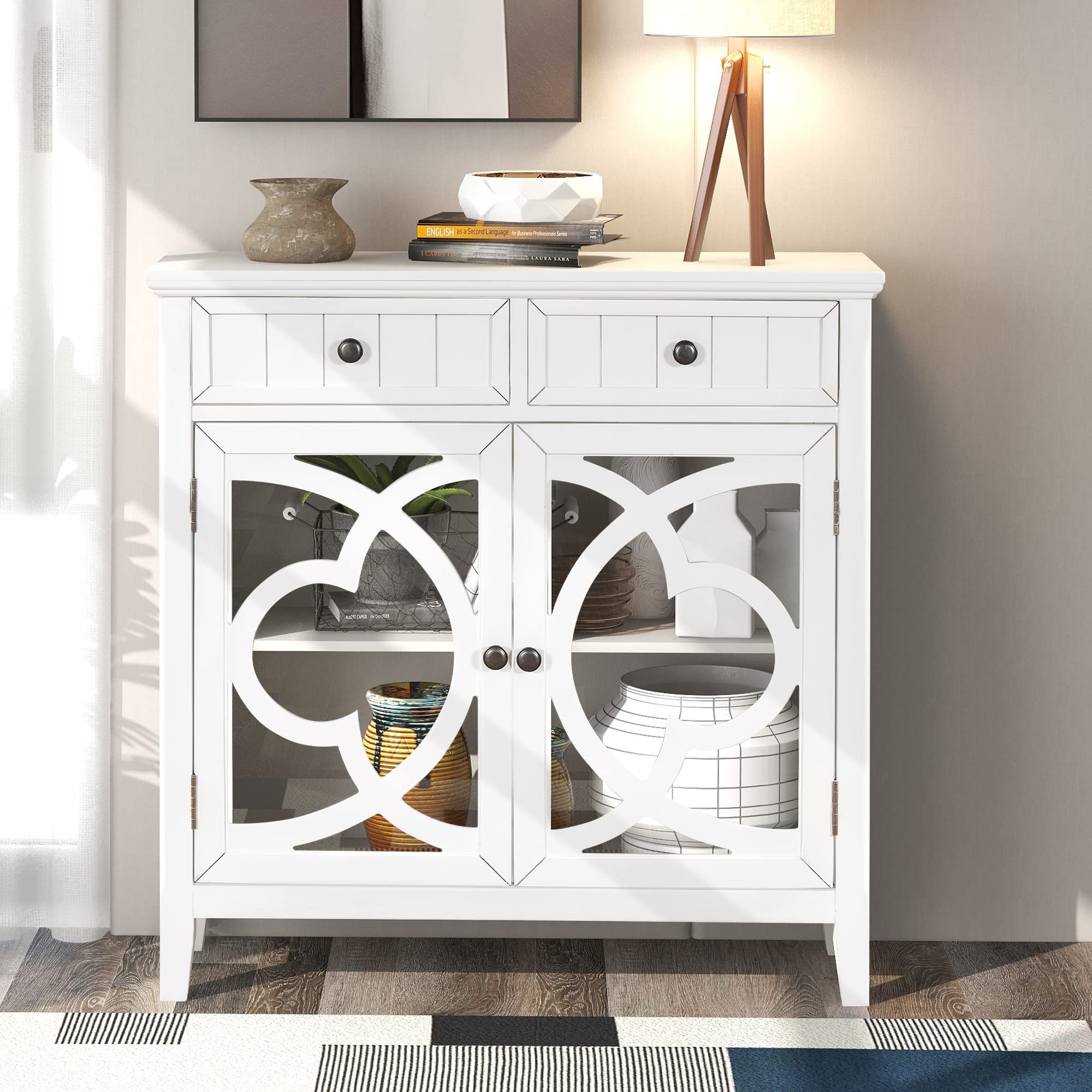 White Wooden Accent Storage Cabinet with Adjustable Shelf & Glass Doors - Perfect for Living Room, Bedroom, or Office Organization
