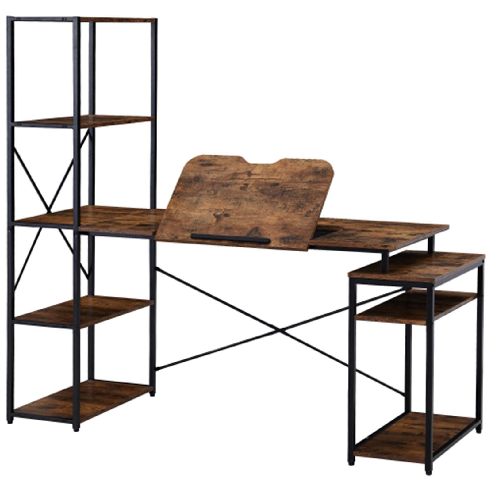 Multi-Function Office Desk with 5-Tier Bookshelf & 2 Open Storage Shelves - Adjustable Tilt Desktop for Writing, Studying, Computer Work & Artist Drawing | Perfect for Home Office, Study Room & Creative Workspace