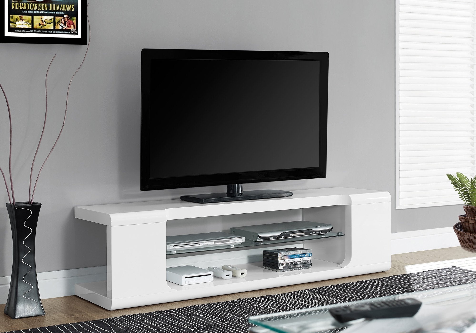 60L High Glossy White TV Stand with Tempered Glass - Modern Entertainment Center for Living Room, Bedroom & Home Theater