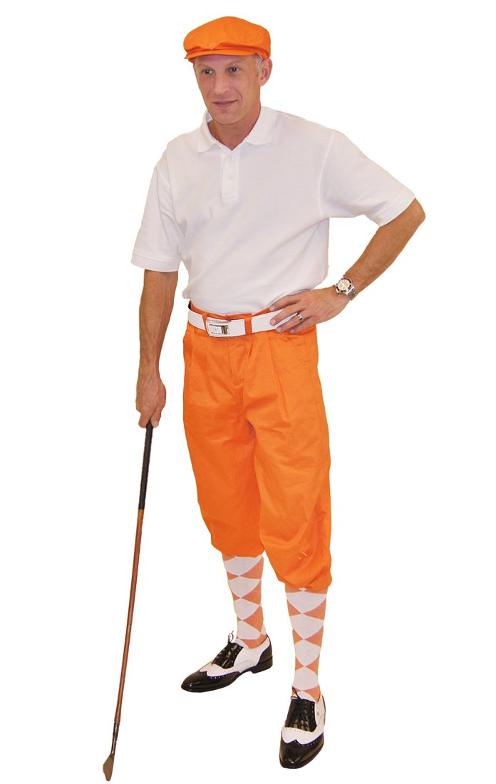 Stylish Orange Knickers, Baseball Cap, White Polo Shirt & Argyle Socks Set - Perfect for Casual Outfits, Sports & Fashion Ensembles