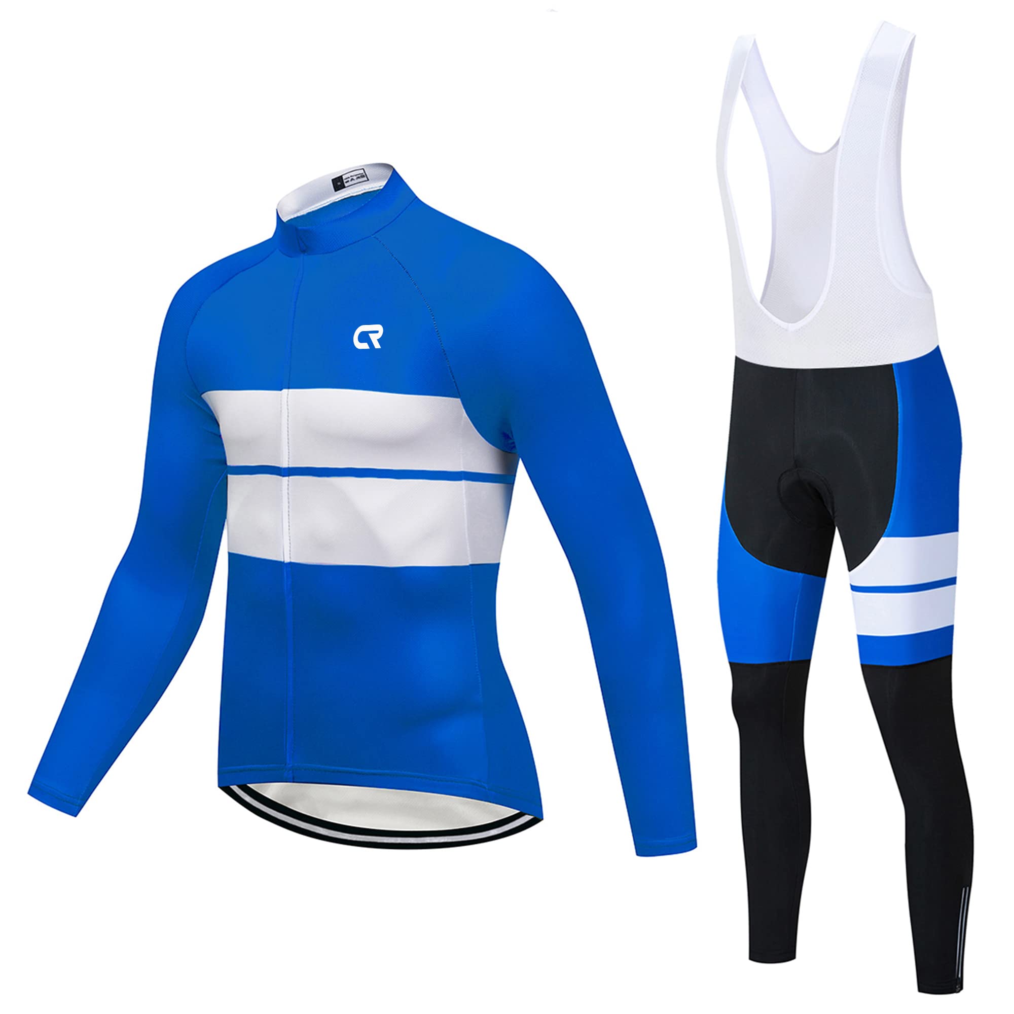 CR Men's Cycling Clothing Set - Long Sleeve Jersey with Zipper Pockets & 3D Padded Bib Shorts - Breathable Bike Outfit for Road Cycling, Mountain Biking & Training