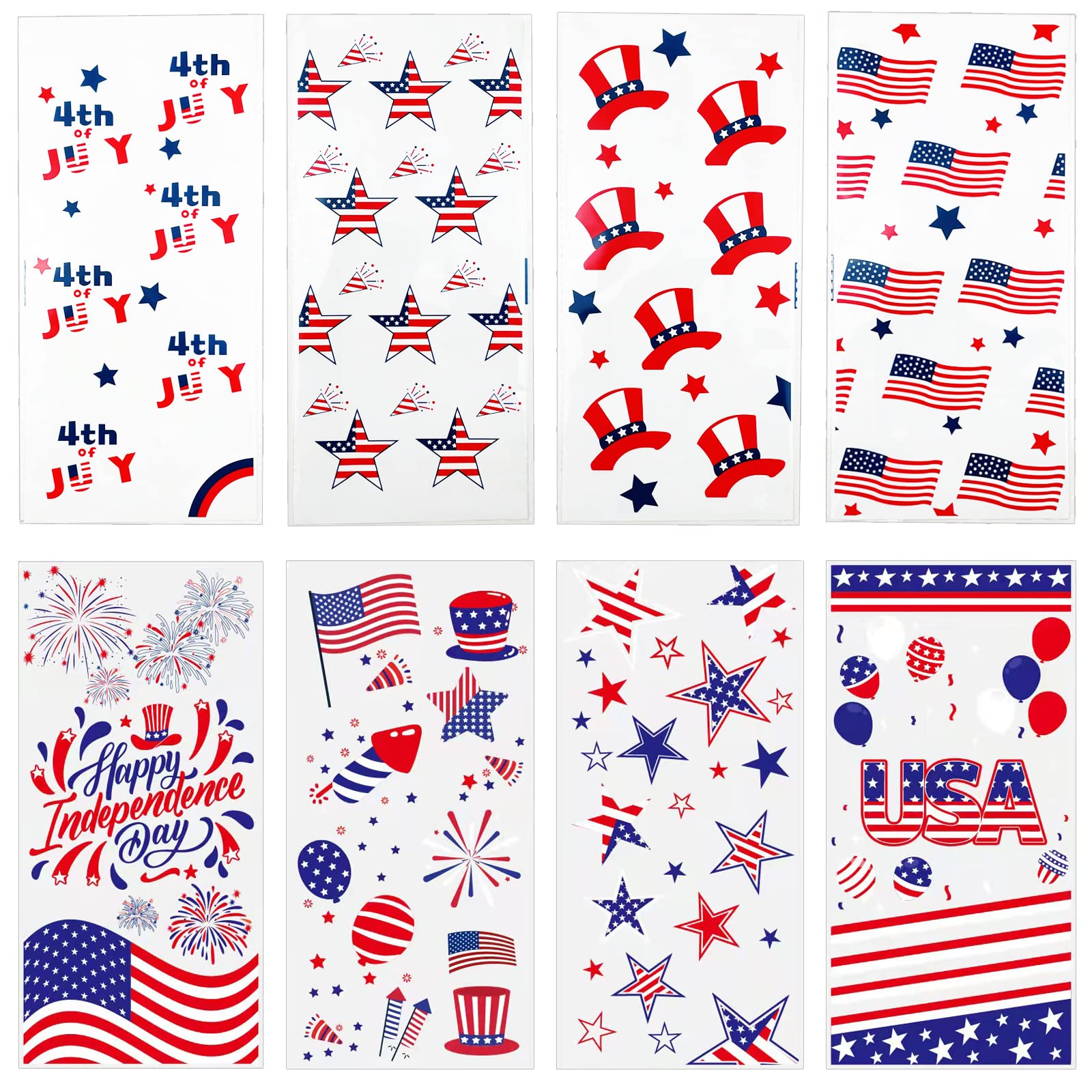 160-Piece Patriotic Cellophane Treat Bags for 4th of July - 8 Styles with Ties - Independence Day Party Supplies, Candy & Goodie Bags for Festive Celebrations, BBQs & School Events