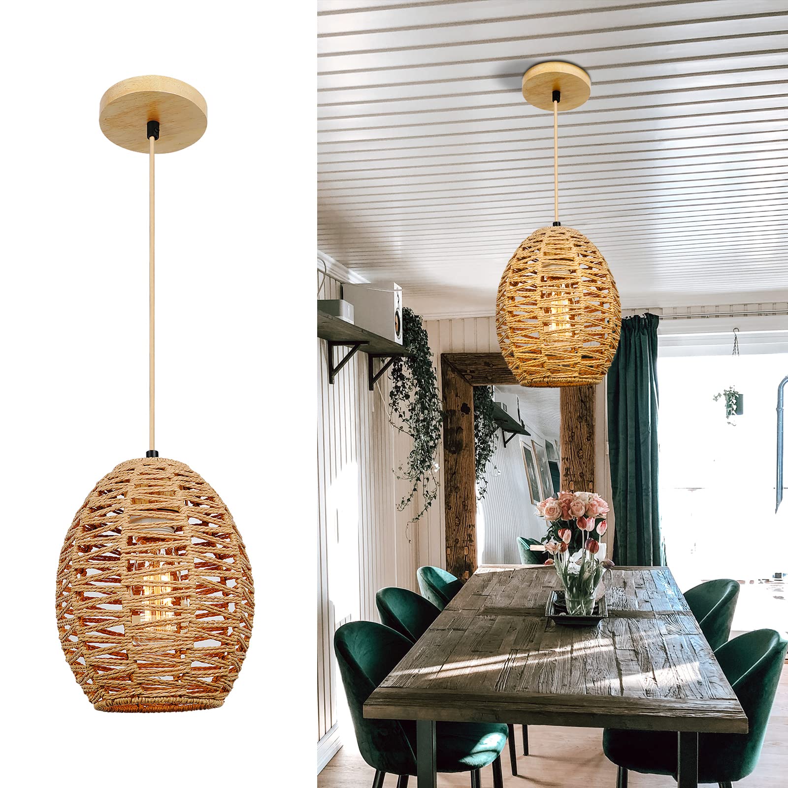 Rattan Pendant Lighting for Kitchen Island - Adjustable Boho Chandelier for Farmhouse & Living Room