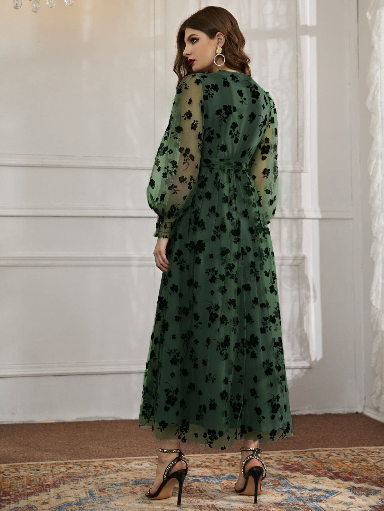 MAPAF Women's Floral Print Summer Dress with Mesh Belt & Surplice Neckline - Dark Green XL | Casual Sundress for Beach, Party & Everyday Wear
