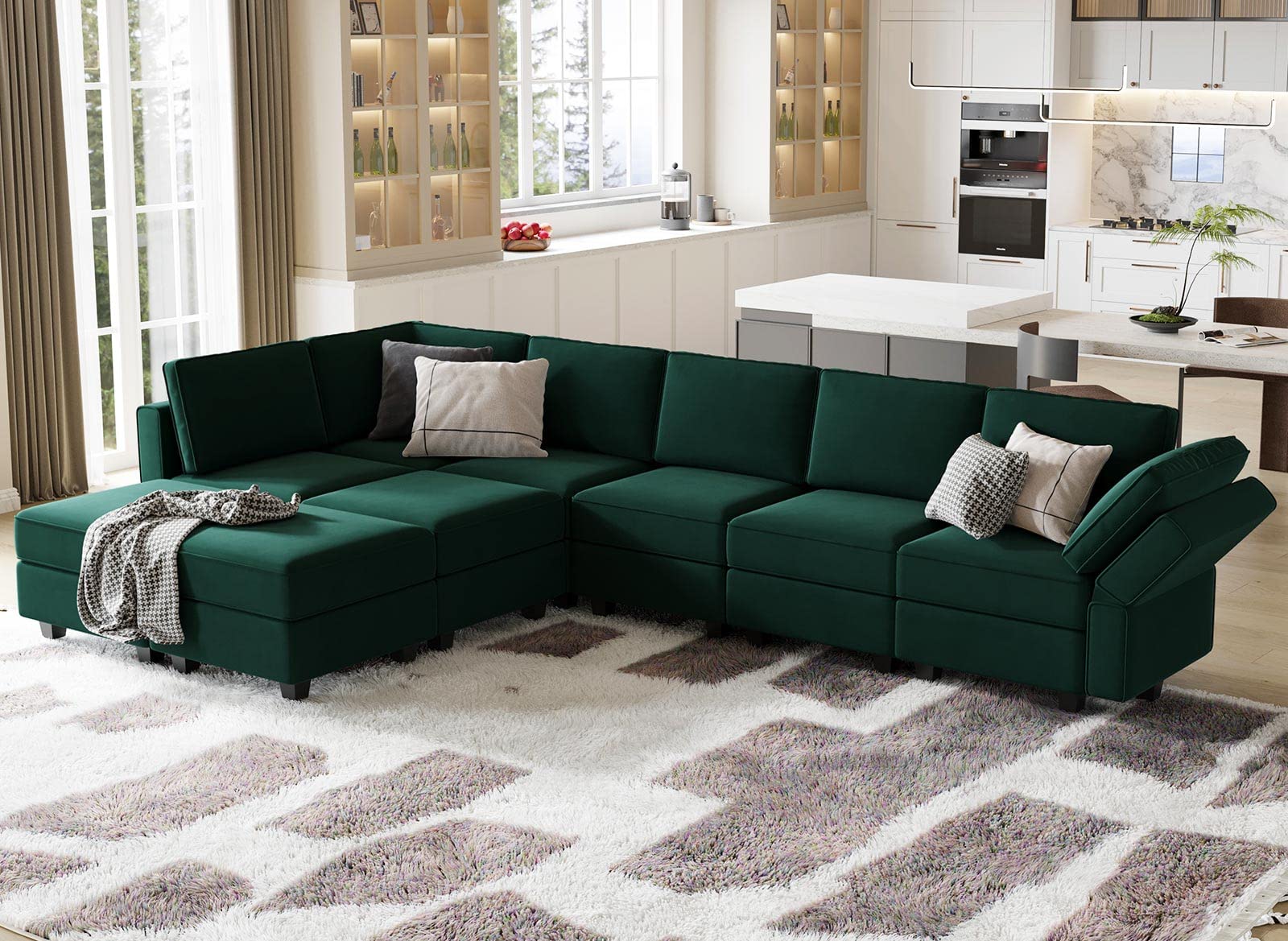 Belffin Modular Sectional Sofa with Reversible Double Chaises - Velvet L-Shaped Convertible Couch with Storage in Green | Perfect for Living Room, Home Theater & Small Spaces