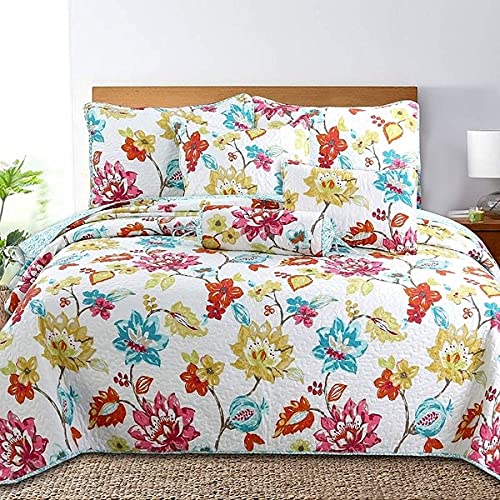 Floral Quilt Set 3-Piece 100% Cotton Bedding - Full/Queen Size Bedspread with Matching Pillow Shams - Perfect for Master Bedroom, Guest Room & Cozy Farmhouse Decor