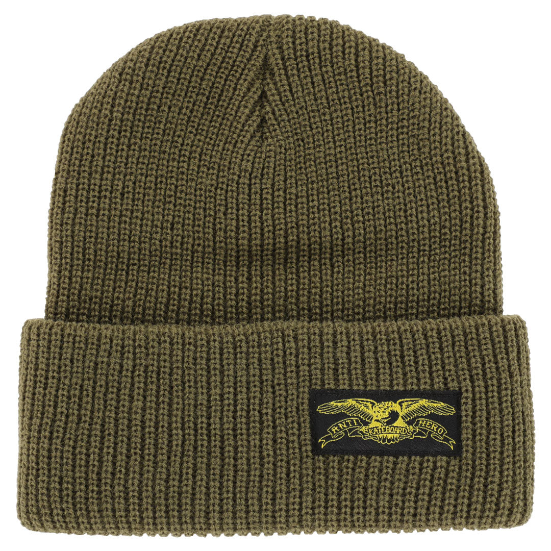 Anti Hero Stock Eagle Label Cuff Beanie Olive - Stylish Winter Hat for Men & Women - Perfect for Skiing, Snowboarding & Outdoor Activities