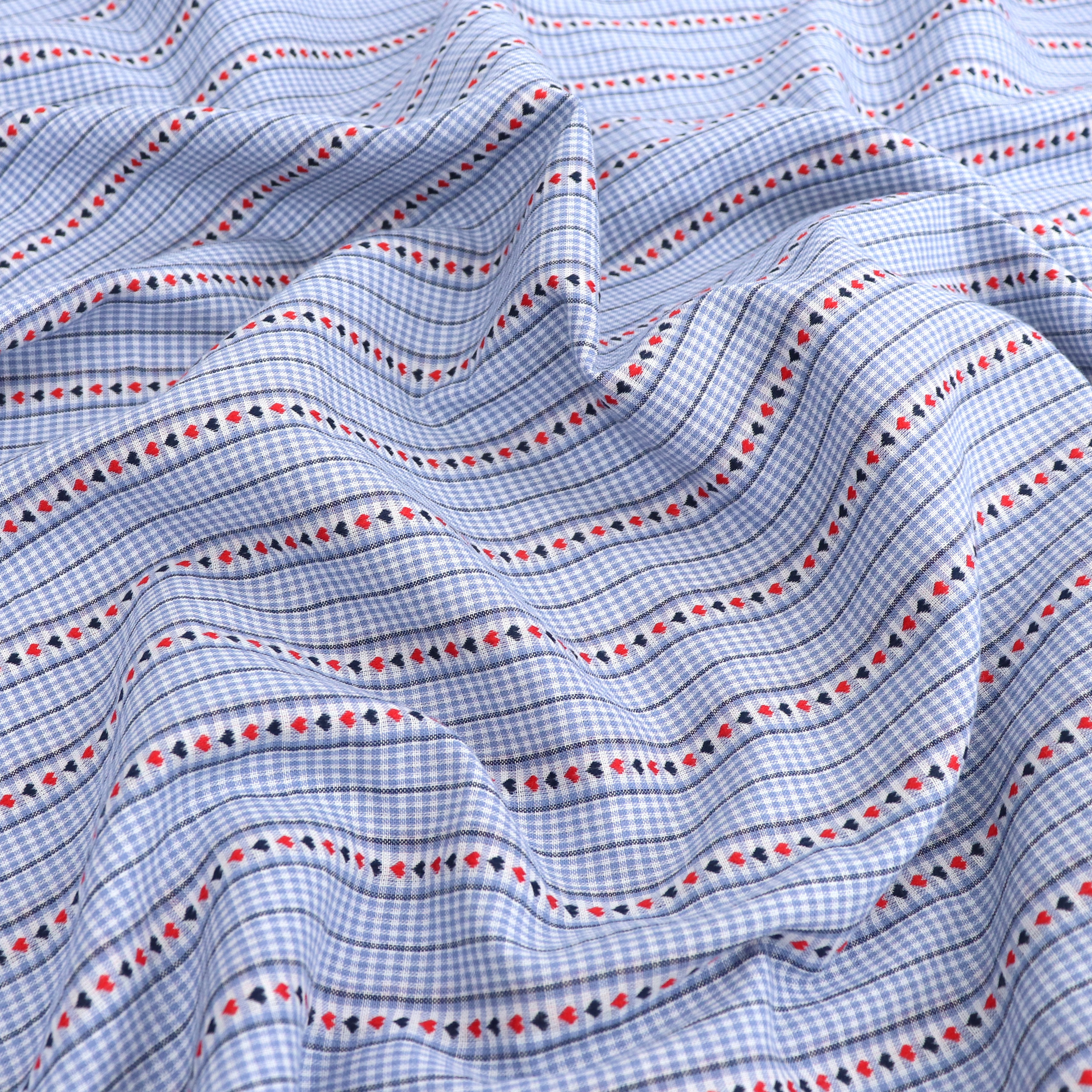 Light Blue Yarn Dyed Cotton Gingham Fabric with Heart Ribbons - Perfect for DIY Crafts, Quilting, and Home Decor Projects
