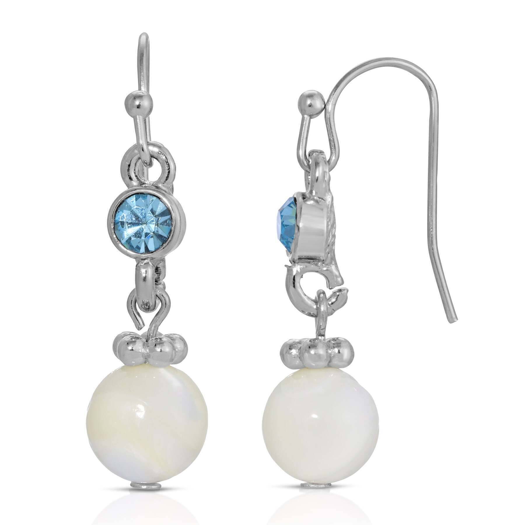 1928 Jewelry Aquamarine Crystal & Mother of Pearl Dangle Earrings for Women - Elegant Drop Earrings for Wedding, Party & Special Occasions