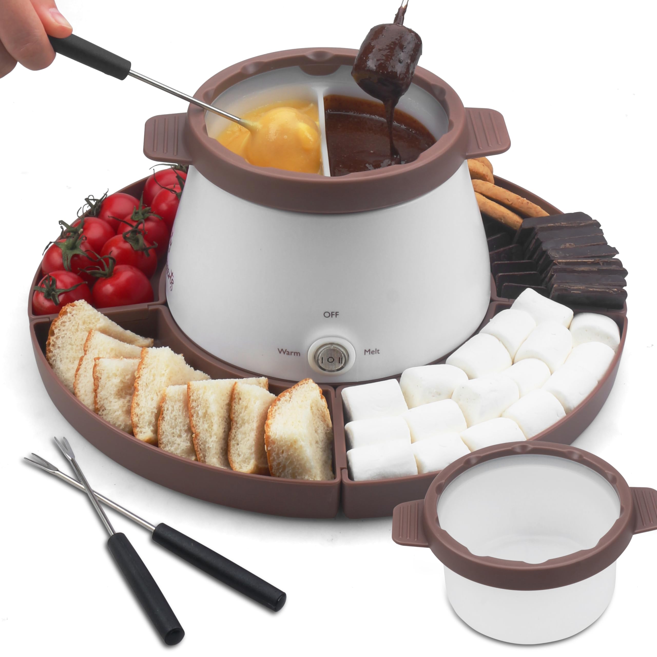 Electric Fondue Pot Set with 2 Pots - Chocolate & Candy Melting Warmer for Dipping, 2.5 Cups, Brown - Includes Fondue Forks - Perfect for Parties, Desserts & Family Gatherings
