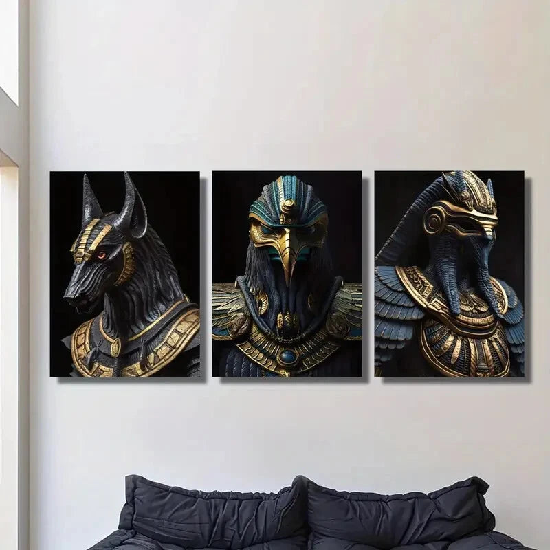 3PCS Egyptian Mythology Golden Pharaoh & Anubis Metal Wall Art - Premium Ready to Hang Decor for Living Room, Bedroom & Office
