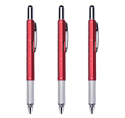3-in-1 Multi-Function Pen with Ruler, Screwdriver & Stylus - 6 Tools Ballpoint Pen Set (3 Pack, Red) - Perfect for Office, School, Travel & Everyday Use