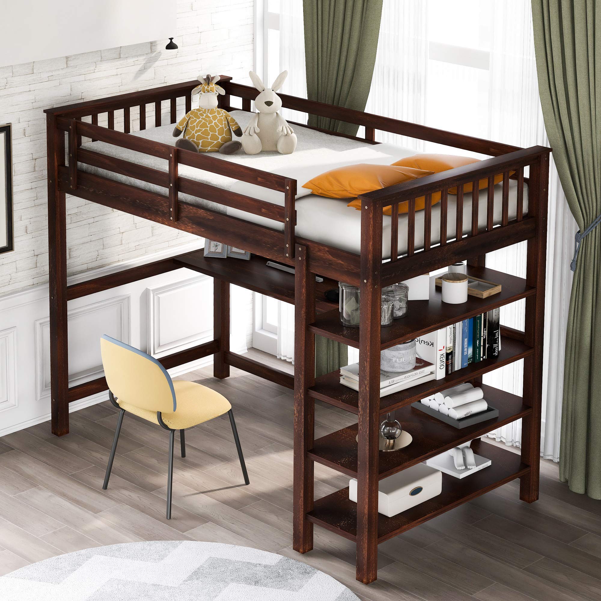 **Twin Size Loft Bed Frame with Storage Shelves & Under-Bed Desk – Full-Length Guardrail & Built-in Ladder for Kids, Teens & Adults – No Box Spring Needed (Espresso) – Perfect for Small Bedrooms, Dorms & Studio Apartments**