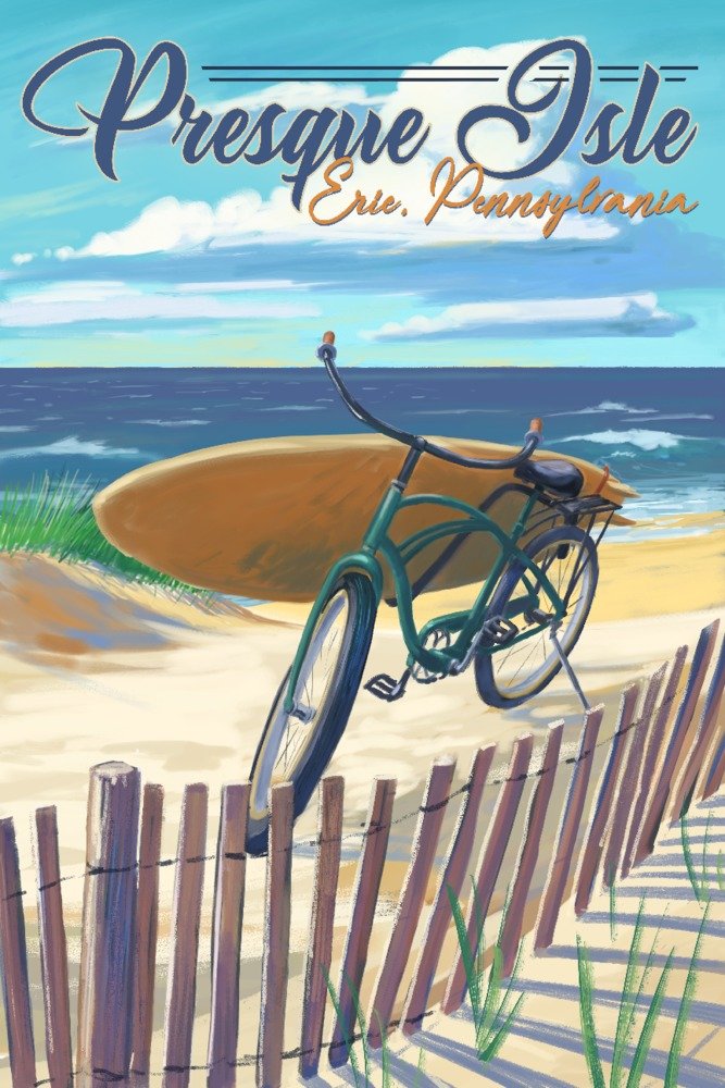 Presque Isle Pennsylvania Beach Cruiser Bicycle Wall Art Poster - 12x18 Coastal Decor for Living Room, Bedroom, or Beach House