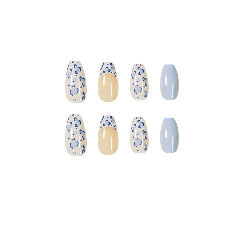 24PCS Acrylic False Nails - Cream White & Baby Blue Medium Length Press On Nails with Finished Design | Perfect for Parties, Weddings & Daily Wear