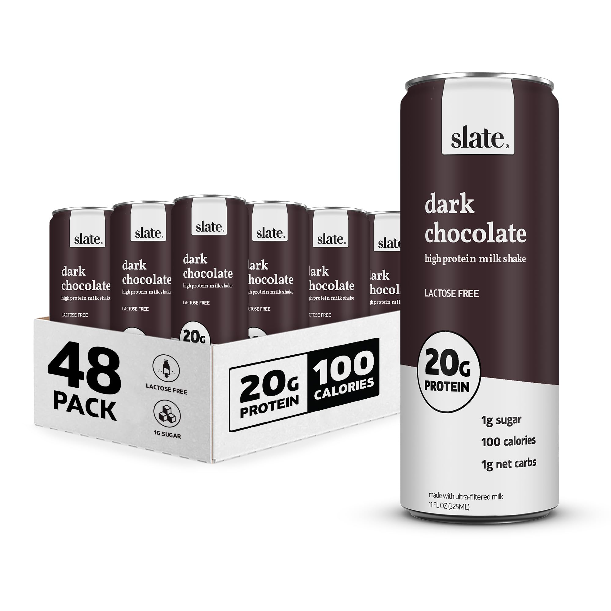 Slate Milk High Protein Shake - Dark Chocolate Flavor, Lactose Free, 20g Protein, 1g Sugar, 100 Calories | Keto Friendly, Low Carb, No Added Sugar | Perfect for Breakfast, Post Workout Recovery & Healthy Snacking | 11 fl oz (48 Cans)