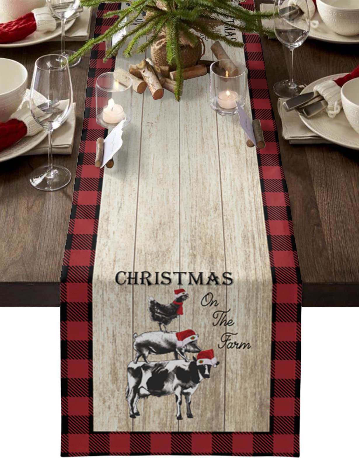 Christmas Farm Animal Table Runner - Cotton & Linen Buffalo Check Plaid Table Decor for Farmhouse Holiday Parties (13