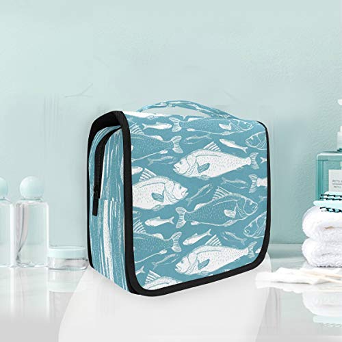 Abstract Fish Print Foldable Hanging Toiletry Bag - Waterproof Cosmetic Makeup Travel Organizer Case for Women & Girls - Perfect for Bathroom, Gym, Camping and Vacation Trips