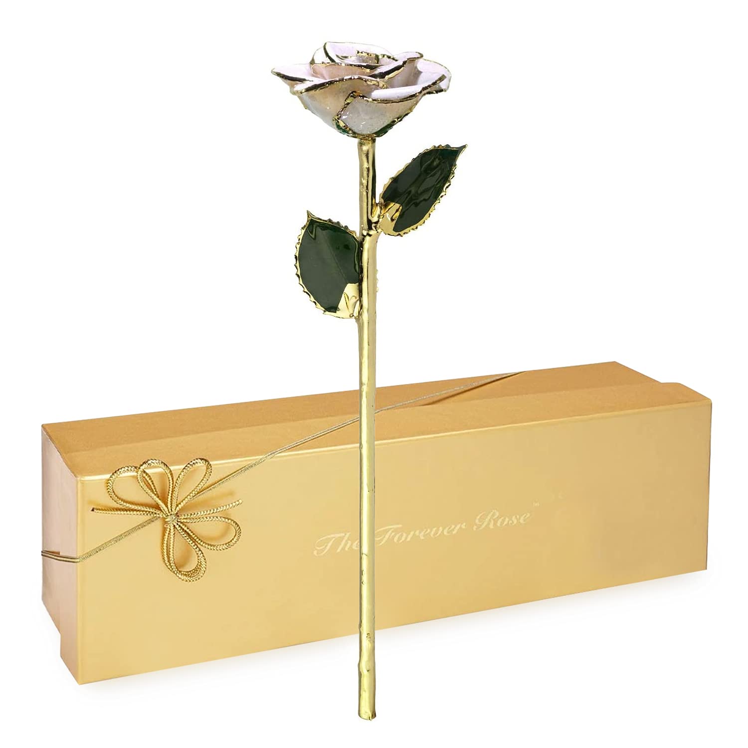 24K Gold Dipped Forever Rose - Real Frozen White Sparkle Rose Handcrafted with Lacquer & Genuine 24K Gold Trim | Unique Everlasting Romantic Gift for Women, Men, Anniversaries, Valentine's Day & Special Occasions | Perfect for Wedding Decor, Anniversary Surprises & Luxury Home Décor