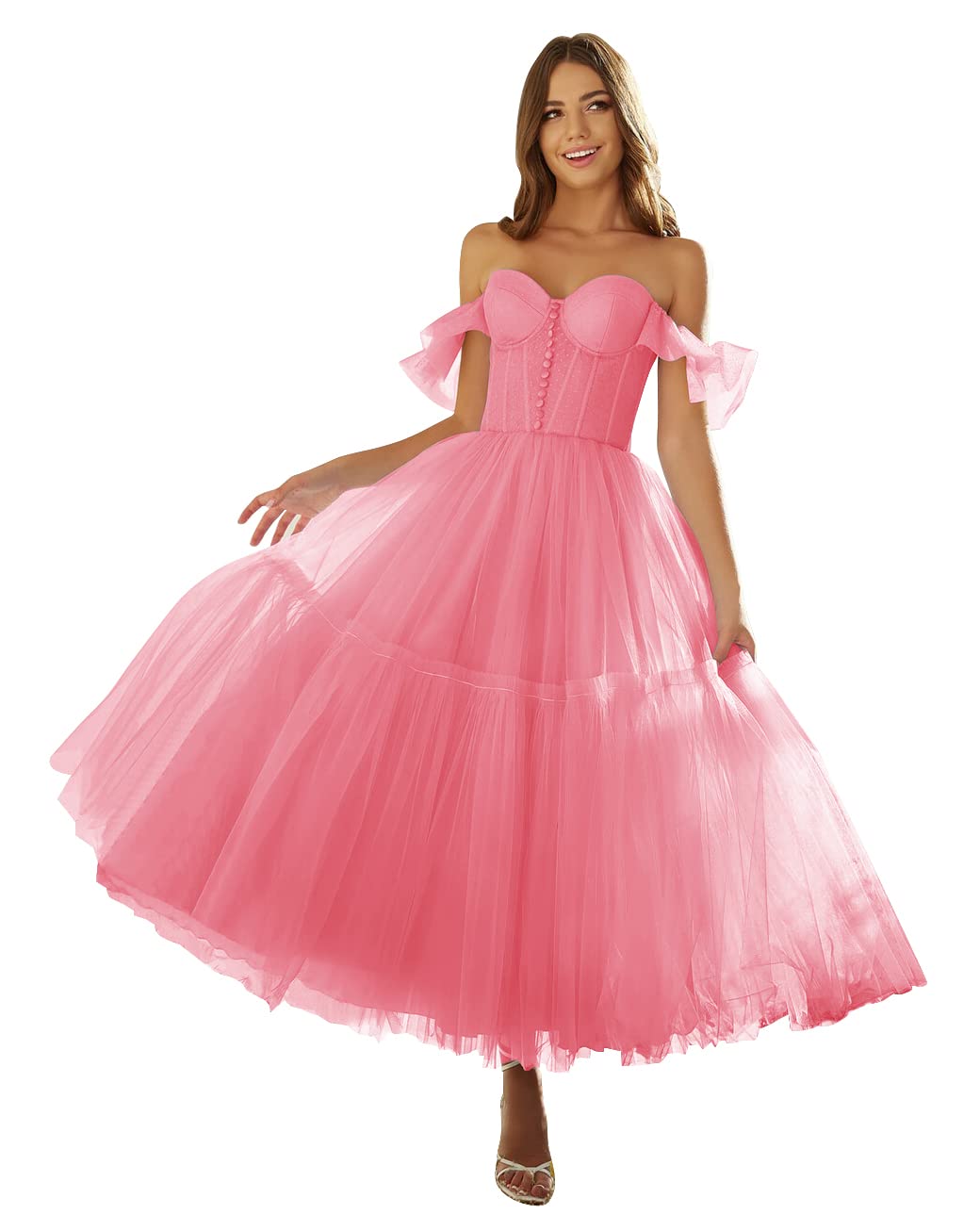Elegant Off Shoulder Long Puffy Sleeve Tulle Prom Dress for Women - Formal Ball Gown for Homecoming, Wedding, and Evening Parties