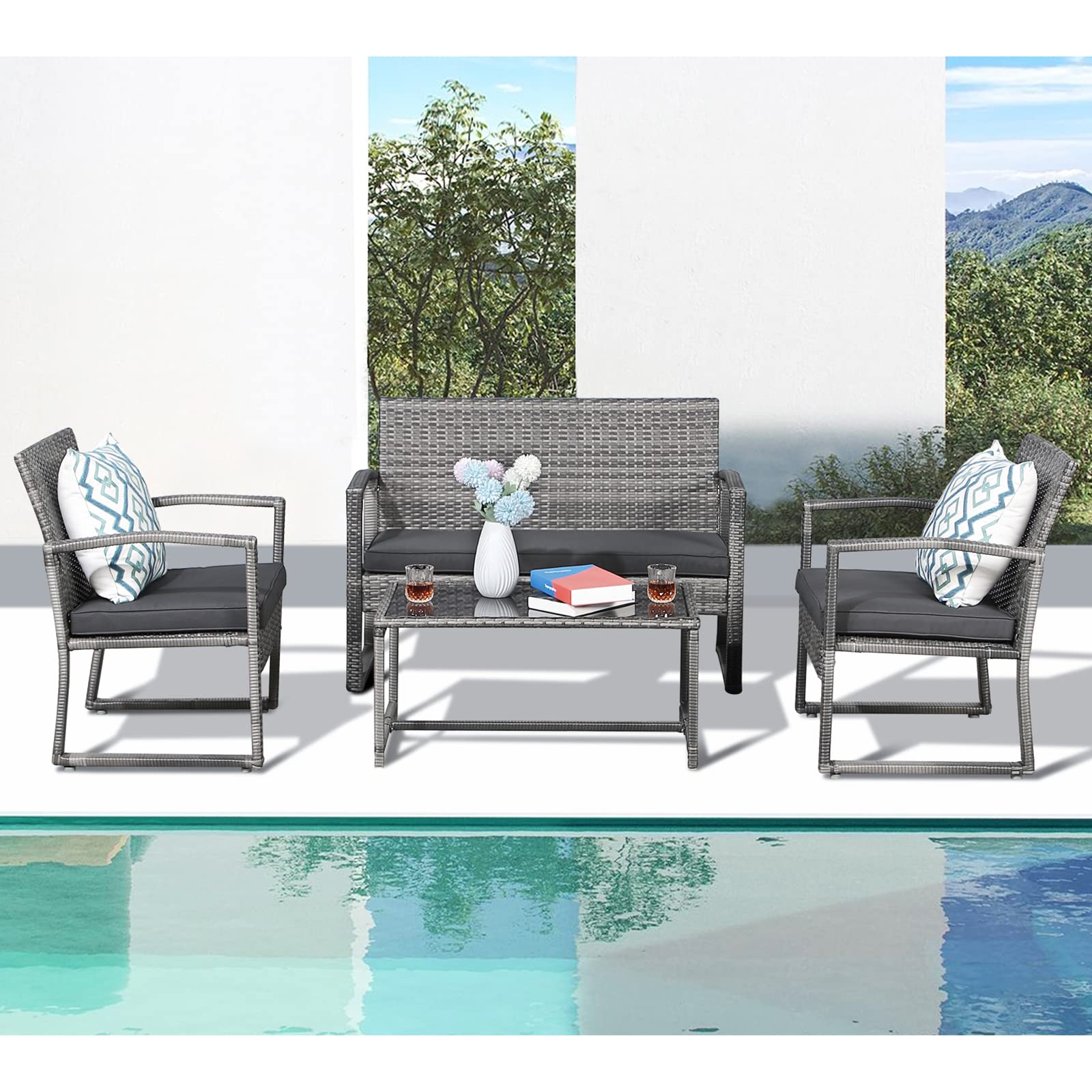 **Patiorama 4-Piece Outdoor Patio Furniture Set - Modern Wicker Rattan Conversation Set with Coffee Table for Garden, Balcony, Backyard & Poolside (Dark Grey) - Perfect for Relaxing & Entertaining**