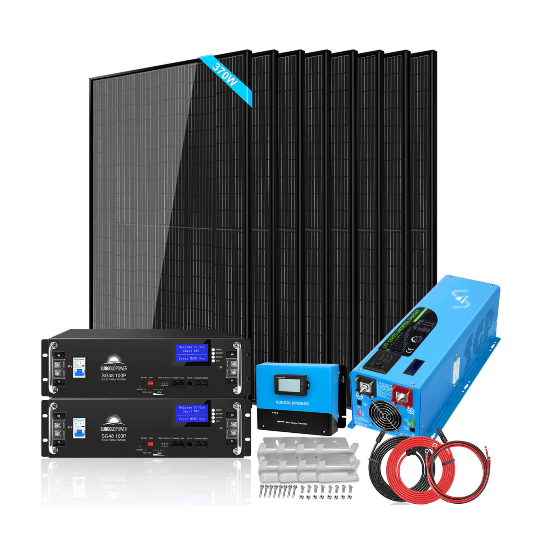 SunGoldPower 6000W Off Grid Solar Kit with 10.48kWh LiFePO4 Server Rack Battery & 8x 370W Solar Panels | 48VDC 120V/240V Output | Perfect for Home Backup Power, RV & Remote Cabins