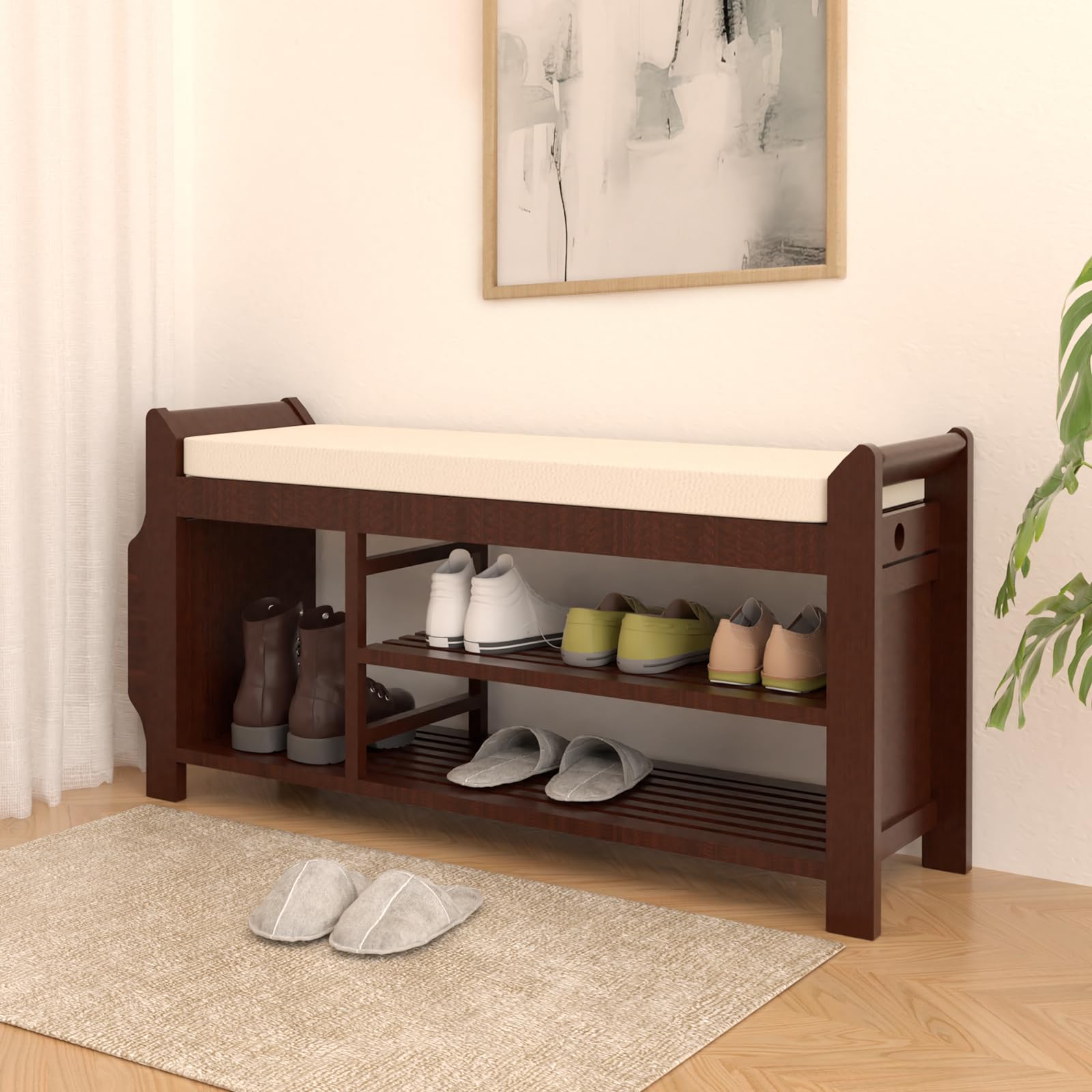 NURTUDIS 2-Tier Bamboo Shoe Rack Bench with Removable Cushion, Side Drawer & Storage Basket - Entryway Shoe Storage Organizer for Living Room, Bedroom, Bathroom - Perfect for Small Spaces & Home Organization