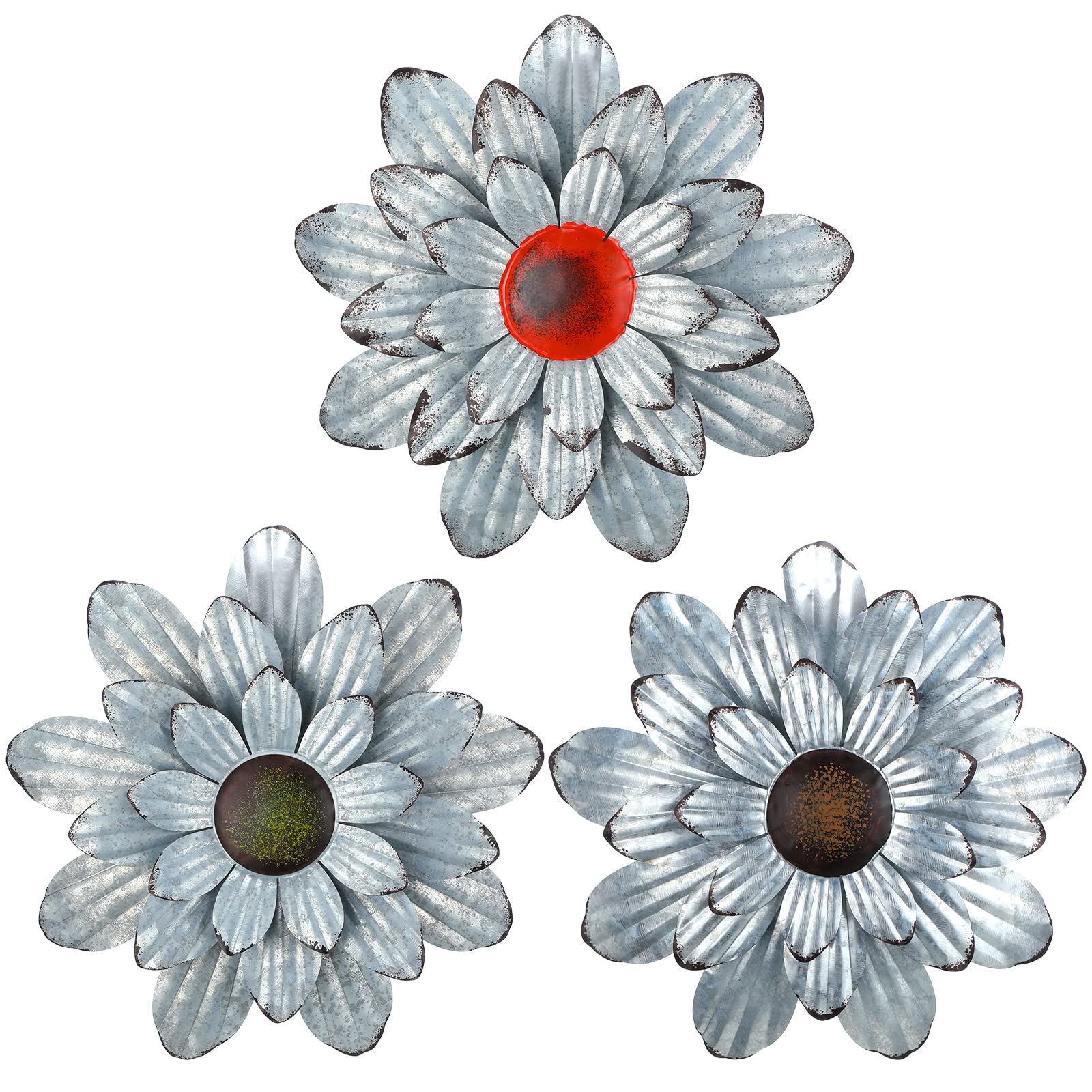3 Pcs Metal Flower Wall Art - Rustic Farmhouse Decor for Bedroom, Living Room & Bathroom
