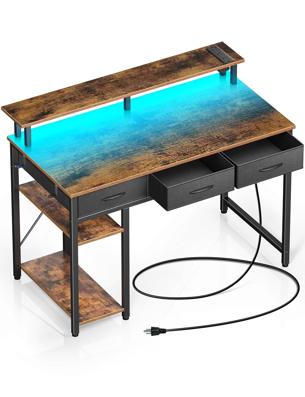 Rolanstar 39 Inch Computer Desk with Power Outlets & LED Light - Home Office Desk with 3 Drawers, Storage Shelves & Monitor Stand - Rustic Brown Writing Work Desk for Small Spaces, Gaming, Remote Work & Study