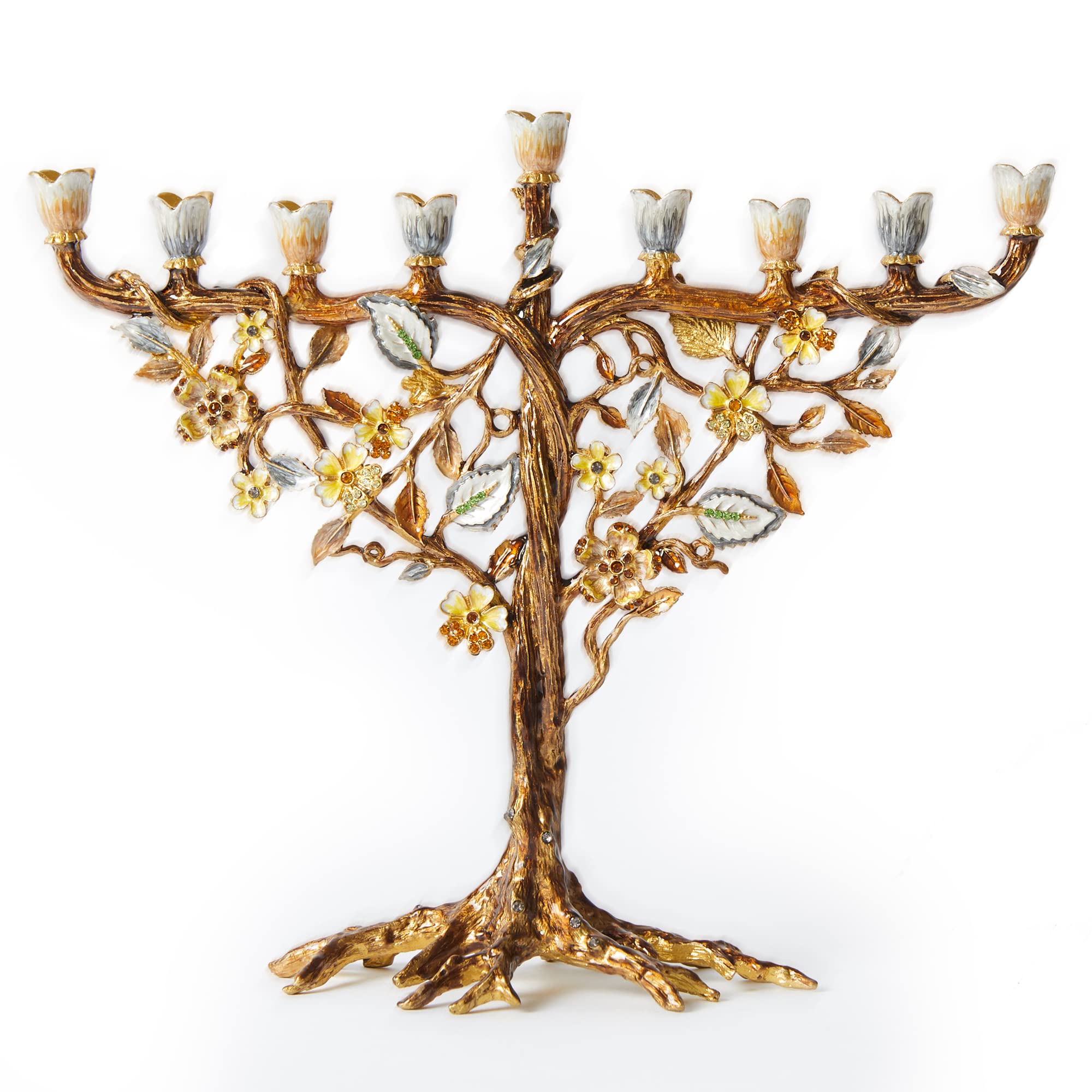 Hand Painted Jewish Menorah Candle Holder - Metal Hanukkah Menorah with Crystal Embellishments & Floral Vine Design, Fits 9mm (5/16