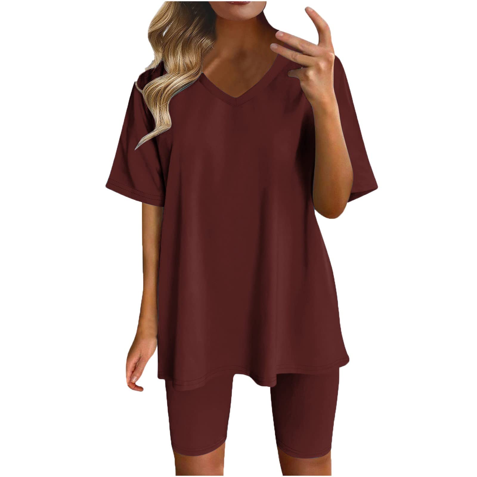 2 Piece Ribbed Knit Pajama Set - Matching Lounge Outfit with T-Shirt & Biker Shorts | Women's Sleepwear & Loungewear | Perfect for Relaxing at Home, Yoga, or Sleeping | Red Sweatsuit
