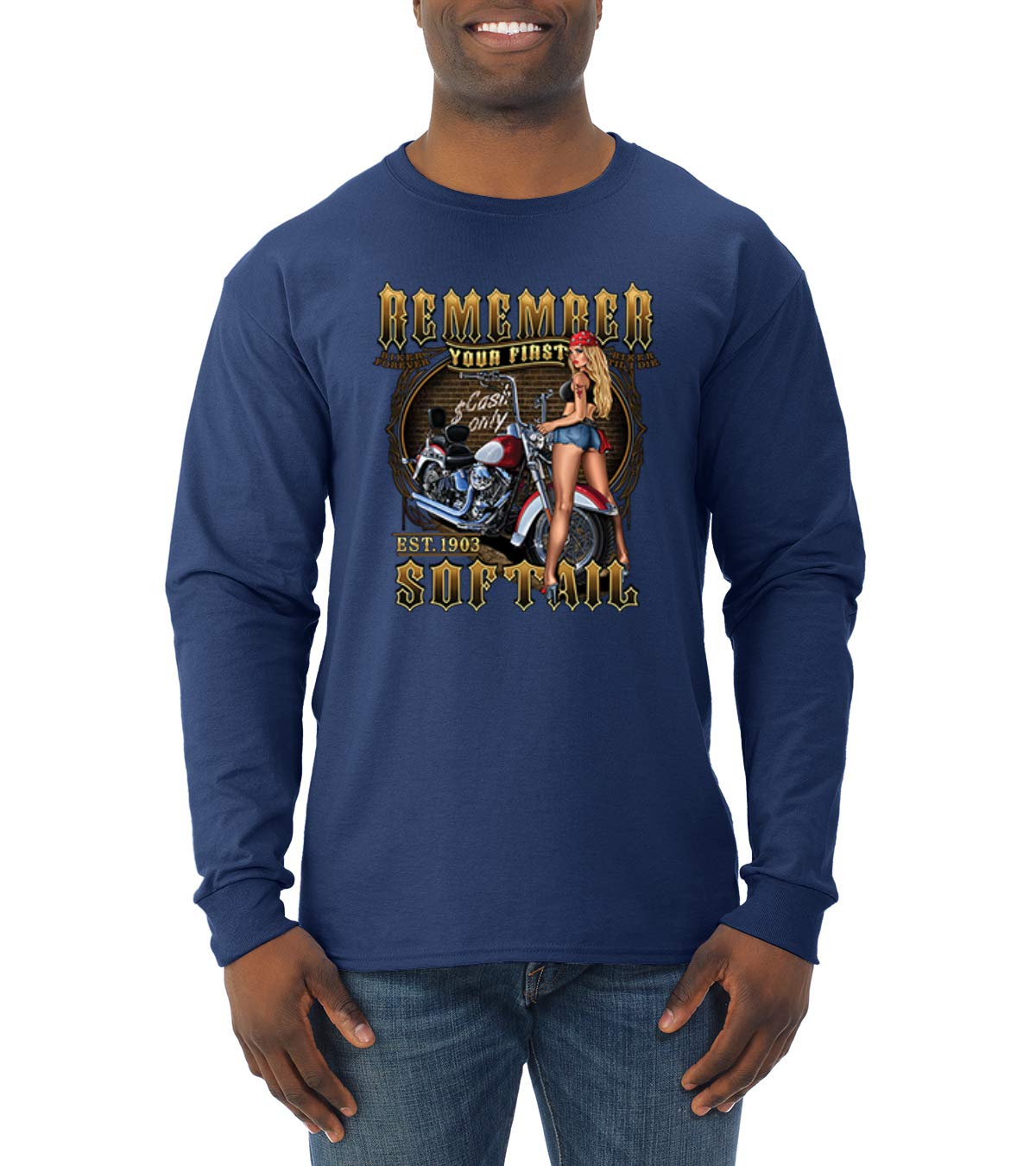 Vintage Soft Tail Bike & Hot Babe Cars Trucks Print Men's Long Sleeve Shirt - Perfect for Motorcycle Riders, Car Enthusiasts & Casual Wear
