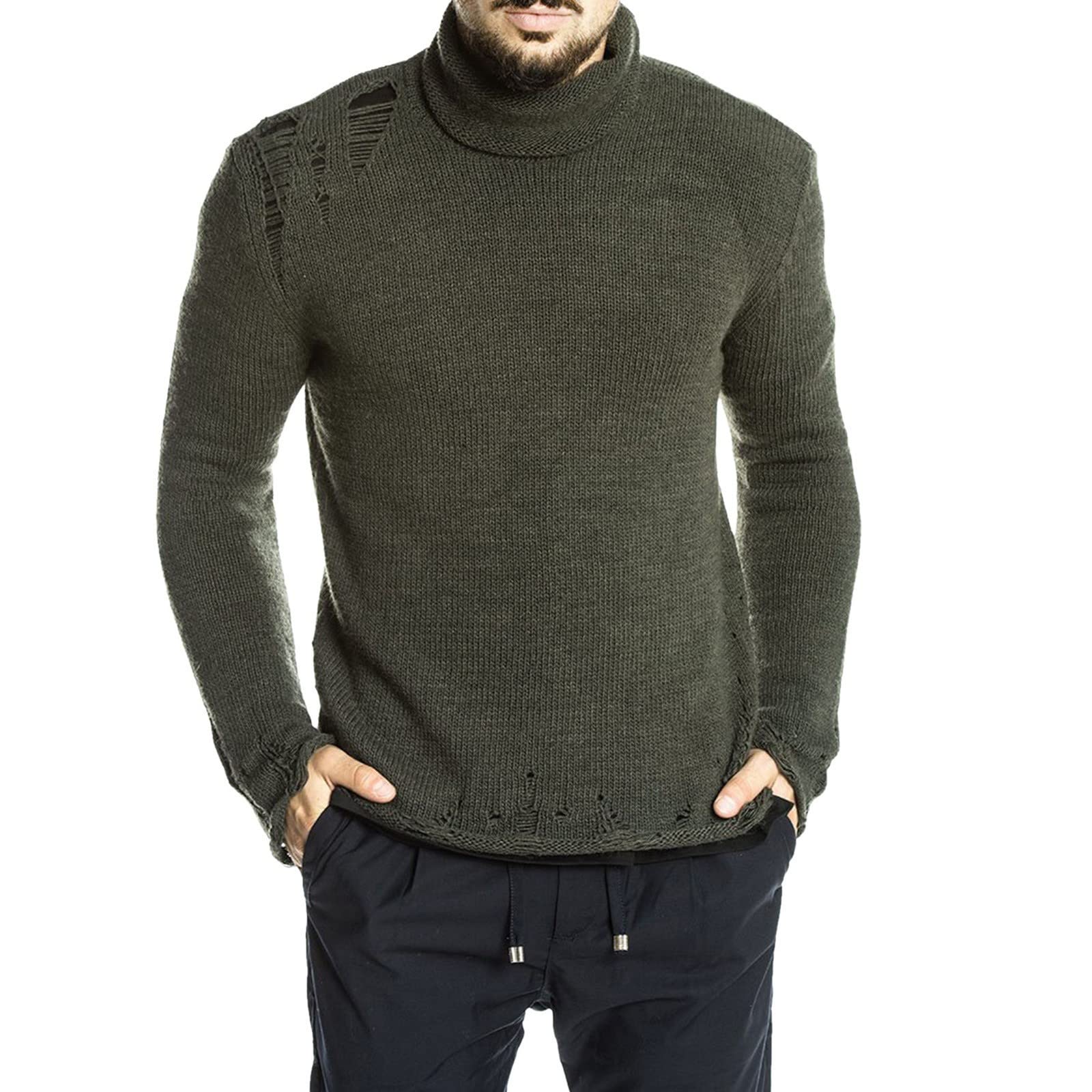 Men's Ripped Turtleneck Knit Sweater - Solid Color Pullover for Men | Cozy Winter Wear & Casual Outfits