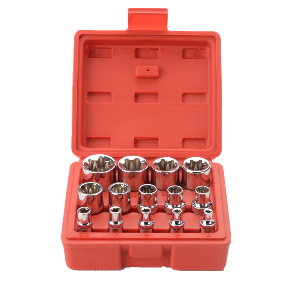 FLZOSPER 14-Piece Female E-Torx Star Socket Set - E4 to E24 Torque Sockets, 1/4
