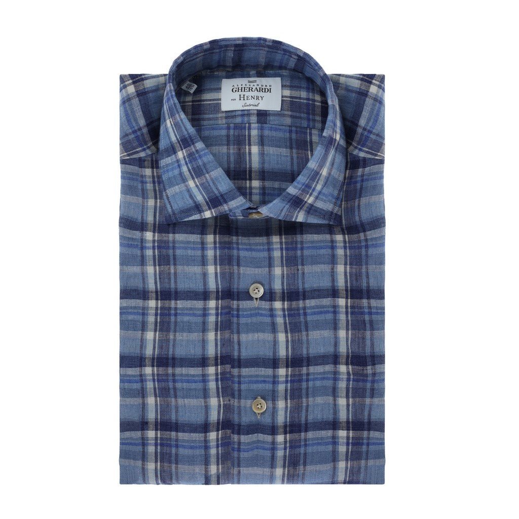 HENRY SARTORIAL X GHERARDI Men's Long Sleeve Linen Shirt - Medium Blue, Navy & Light Blue - Casual Summer Wear for Beach & Outdoor Activities