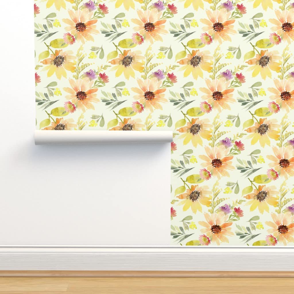 Peel & Stick Removable Wallpaper 9ft x 2ft - Sunflower Floral Pattern in Orange & Sage for Nursery, Bedroom, or Fall Decor | Easy DIY Home Renovation