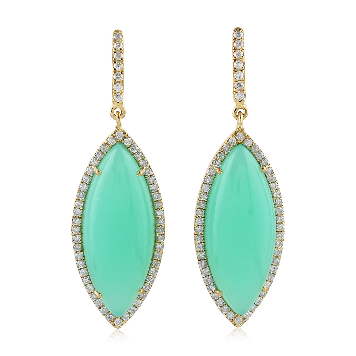 14K Yellow Gold Marquise Cut Chrysoprase Pave Diamond Dangle Earrings - Elegant Statement Jewelry for Weddings & Special Occasions