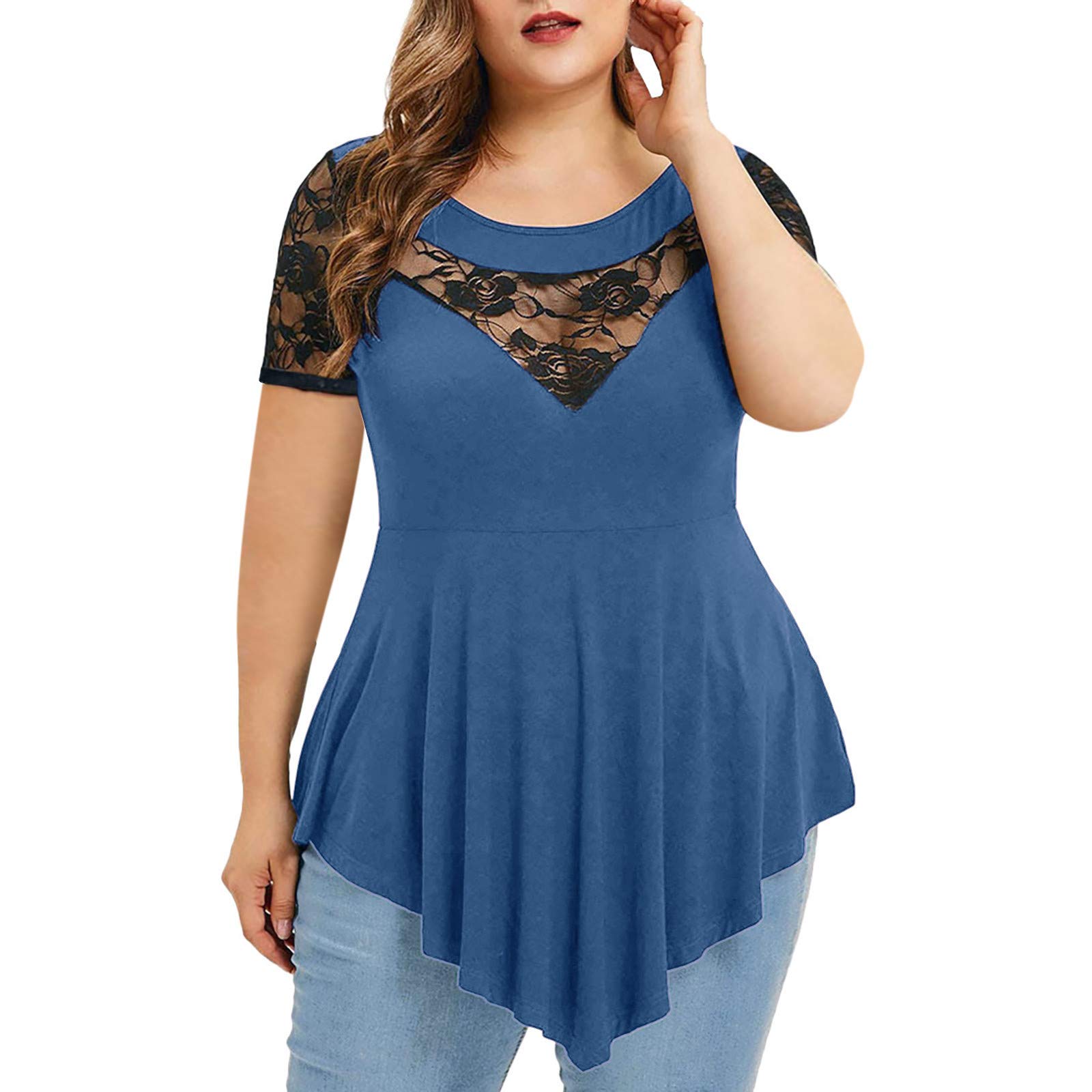 Plus Size Women's Floral Lace Short Sleeve Asymmetric Tunic Blouse - Casual Loose Fit Crew Neck Top for Everyday Wear & Summer Outfits
