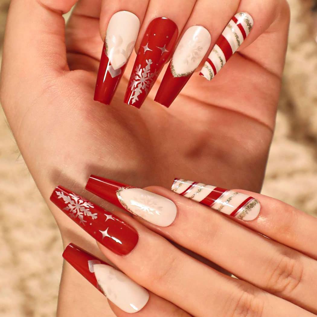 Uranian Christmas Press on Nails - 24pcs Long Red Coffin Fake Nails with Snowflake, Stripes & Santa Claus Designs | Glossy Glitter Stick on Nails for Women & Girls | Full Cover French Tip Acrylic Nails for Holiday Parties, Gift Giving & Festive Nail Art