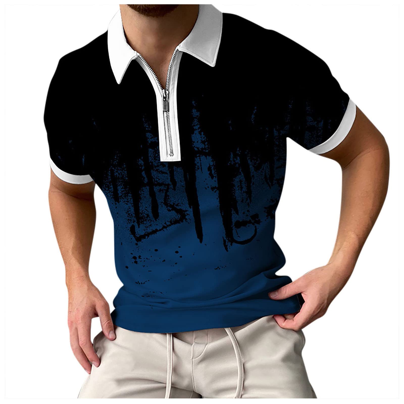 Men's Short Sleeve Ink Splatter Print T-Shirt with Zipper Lapel - Casual Summer Spring Top White Button Down Shirt for Work, Dating & Streetwear Fashion