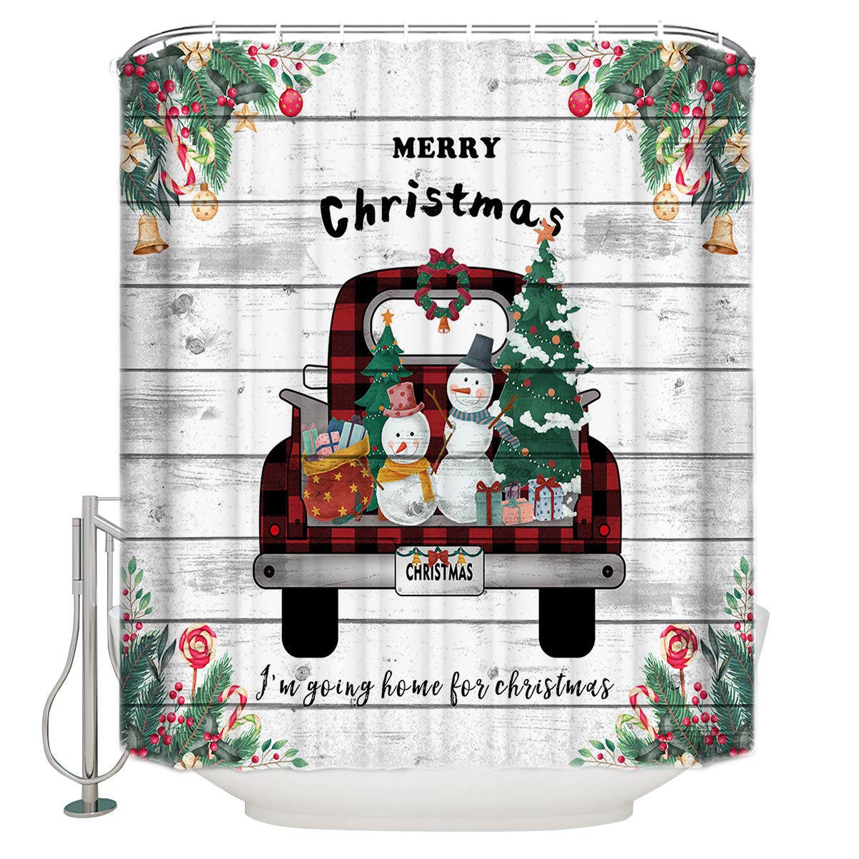 Funnywall88 Christmas Red Truck Snowman Waterproof Polyester Shower Curtain with Hooks - 54 x 78 Inch Bathroom Decor (Bell Candy Cane Design) - Perfect for Holiday Bathroom Makeover & Festive Home Decor
