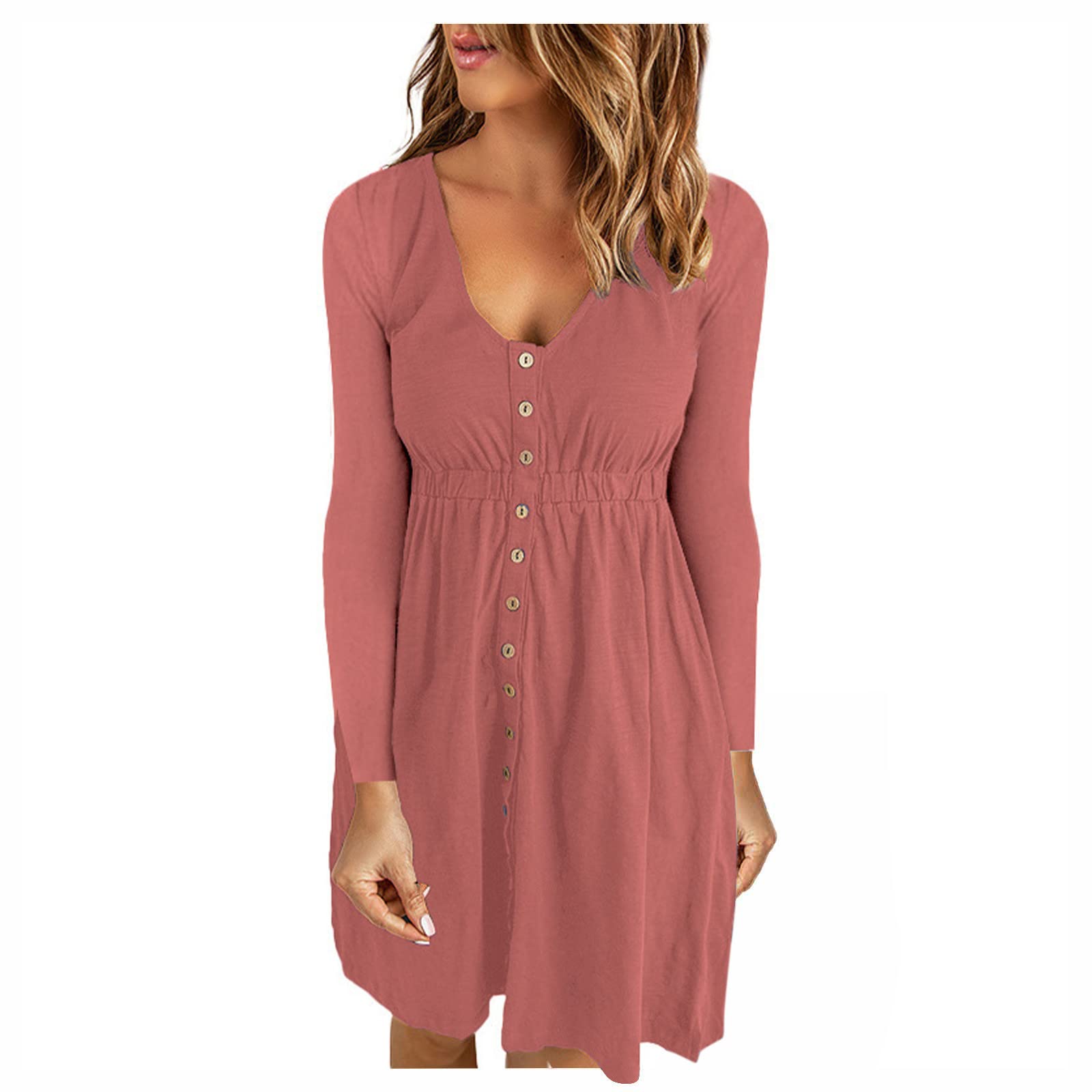 Women's Long Sleeve Button Down Mini Dress - Crewneck Casual Solid Color Waist Dress for Work, Date Night & Fall Outfits
