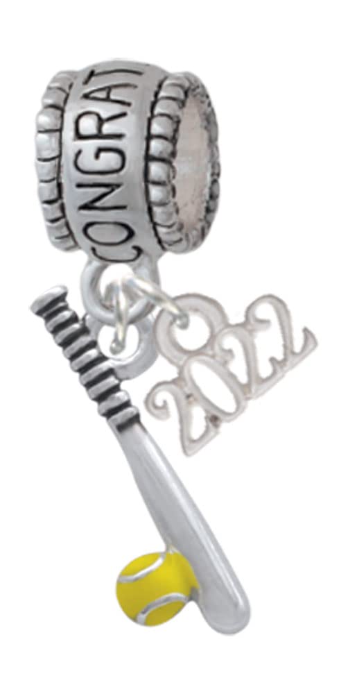 Delight Jewelry Silvertone Enamel Softball and Bat Charm Bead - Perfect for Baseball Lovers, Team Spirit Gifts & 2022 Graduation Congratulations